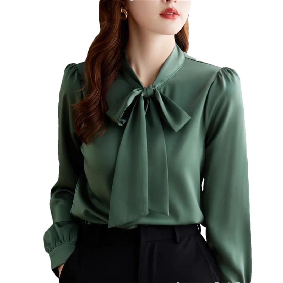 Women Bow Tie Long Sleeve Shirt Acetata Satin Blouses Office